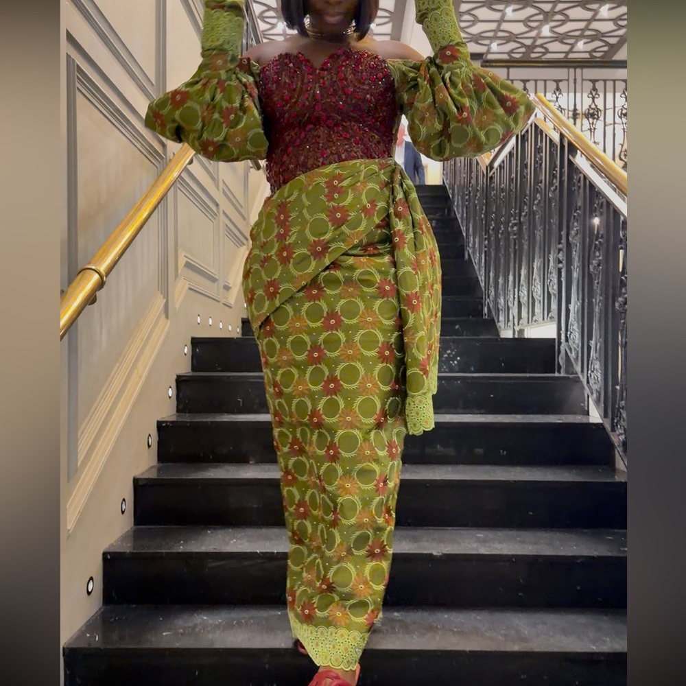 Aso Ebi Green Printed Wrap Pencil Skirt with Gele- head tie